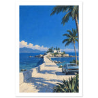 Coastal causeway leading to a white building, with blue sea, distant mountains, palm trees and a parked vintage car.