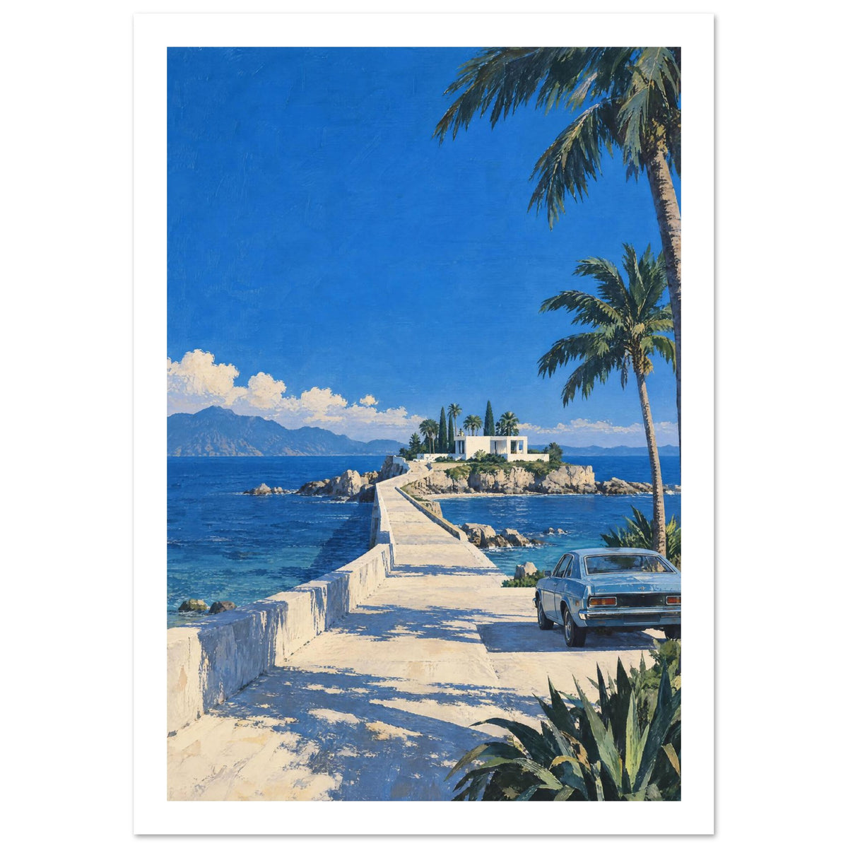 Coastal causeway leading to a white building, with blue sea, distant mountains, palm trees and a parked vintage car.