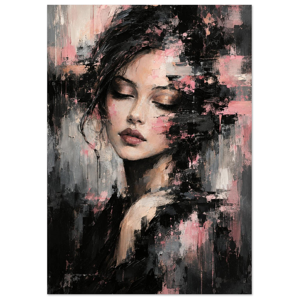 Woman with closed eyes and dark hair amid layered pink, black and grey brushstrokes and paint drips.