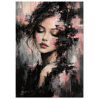 Woman with closed eyes and dark hair amid layered pink, black and grey brushstrokes and paint drips.