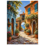 Coastal village lane with blue and orange buildings, potted flowers and a stone archway opening onto a sea view.