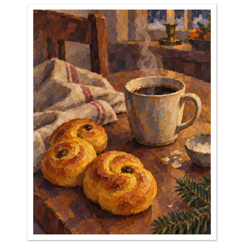 Golden curled buns beside a steaming mug on a wooden table, with a striped cloth, lit candle and evergreen sprig.