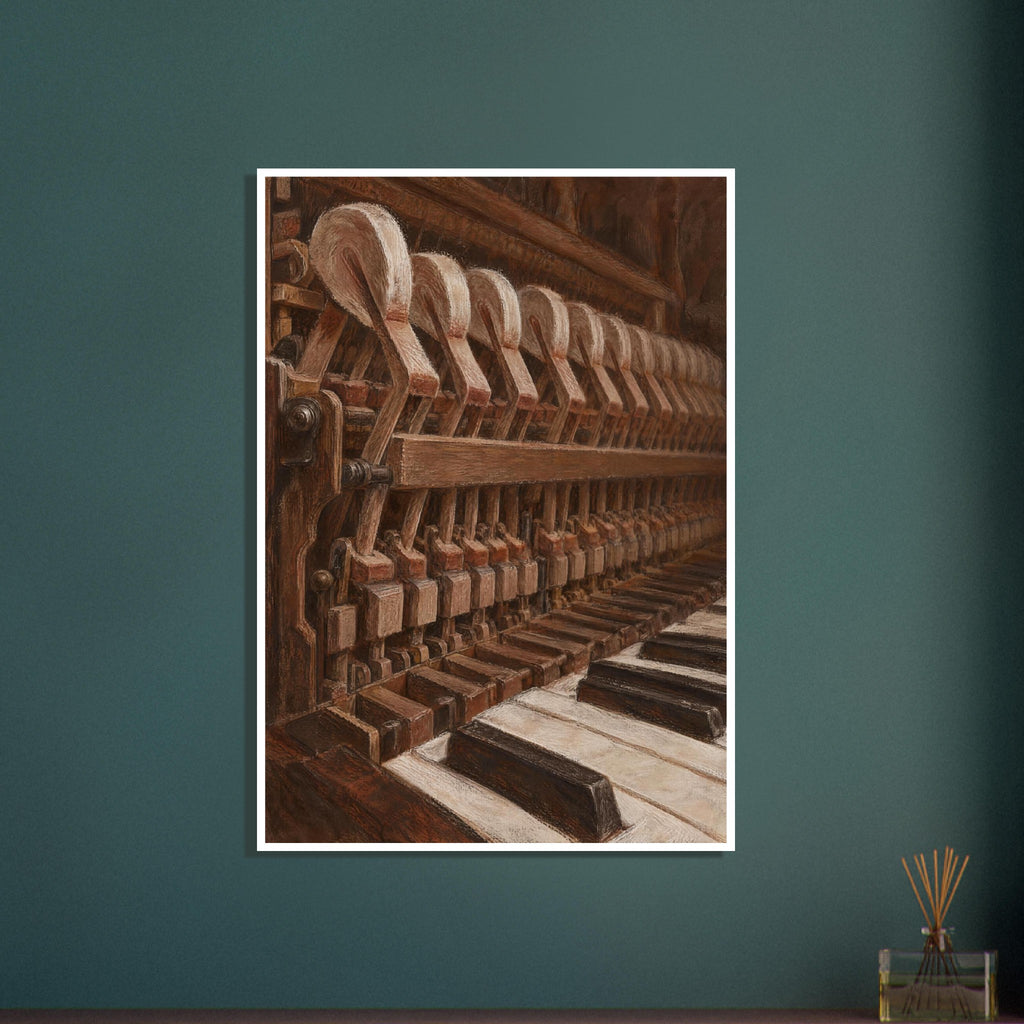 Piano interior with rows of felt-covered hammers, wooden levers and black and cream keys, rendered in textured browns.