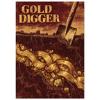 Gold Digger lettering above a spade in dark earth, with oversized golden chain links, nuggets and exposed roots below.