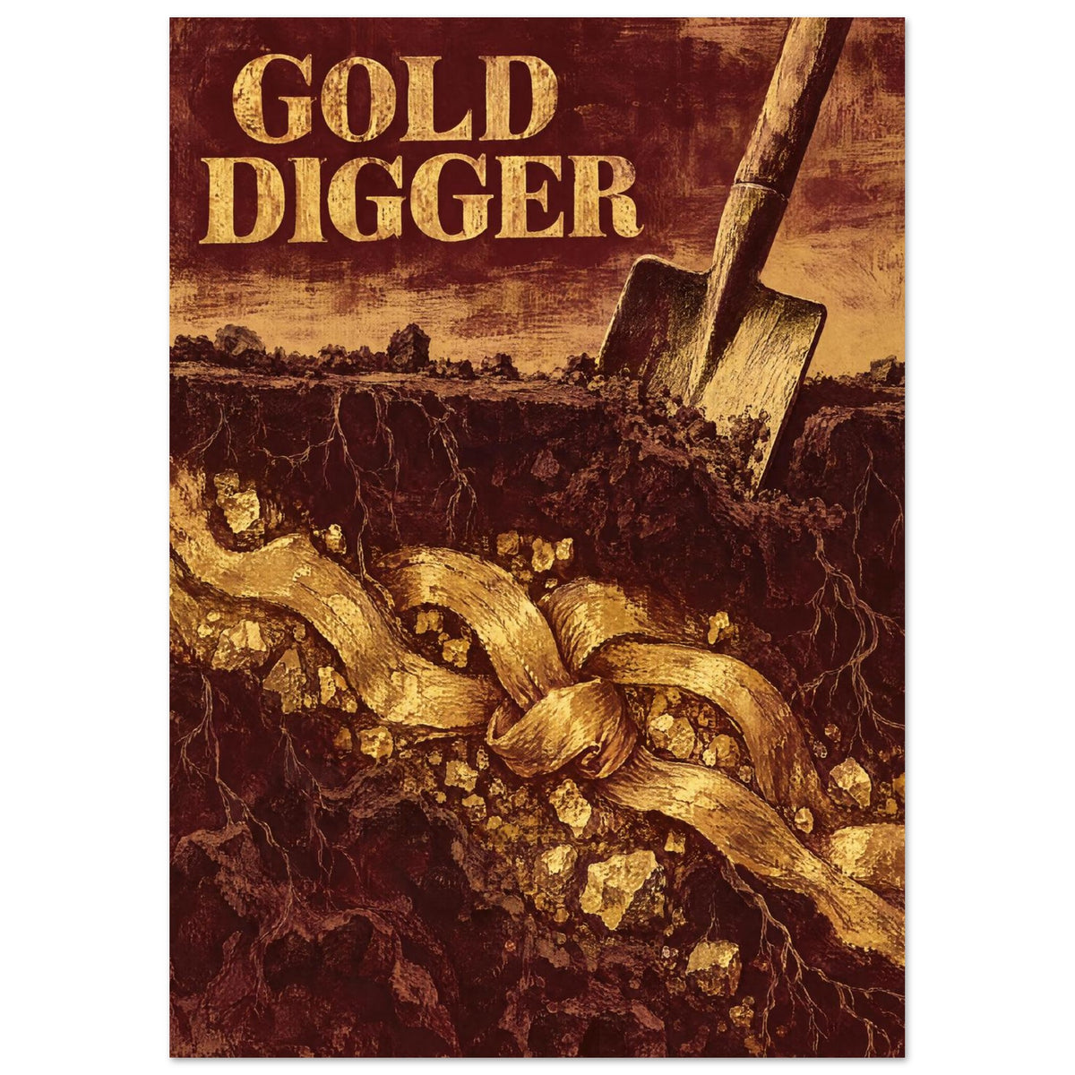 Gold Digger lettering above a spade in dark earth, with oversized golden chain links, nuggets and exposed roots below.
