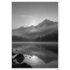 Mountain peaks and conifer forests reflected in a misty lake, with rocks in the foreground, in black and white.