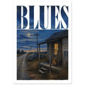 Large BLUES lettering above a moonlit road, old pickup truck and wooden porch with a guitar, rocking chair and lit window.