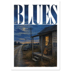 Large BLUES lettering above a moonlit road, old pickup truck and wooden porch with a guitar, rocking chair and lit window.