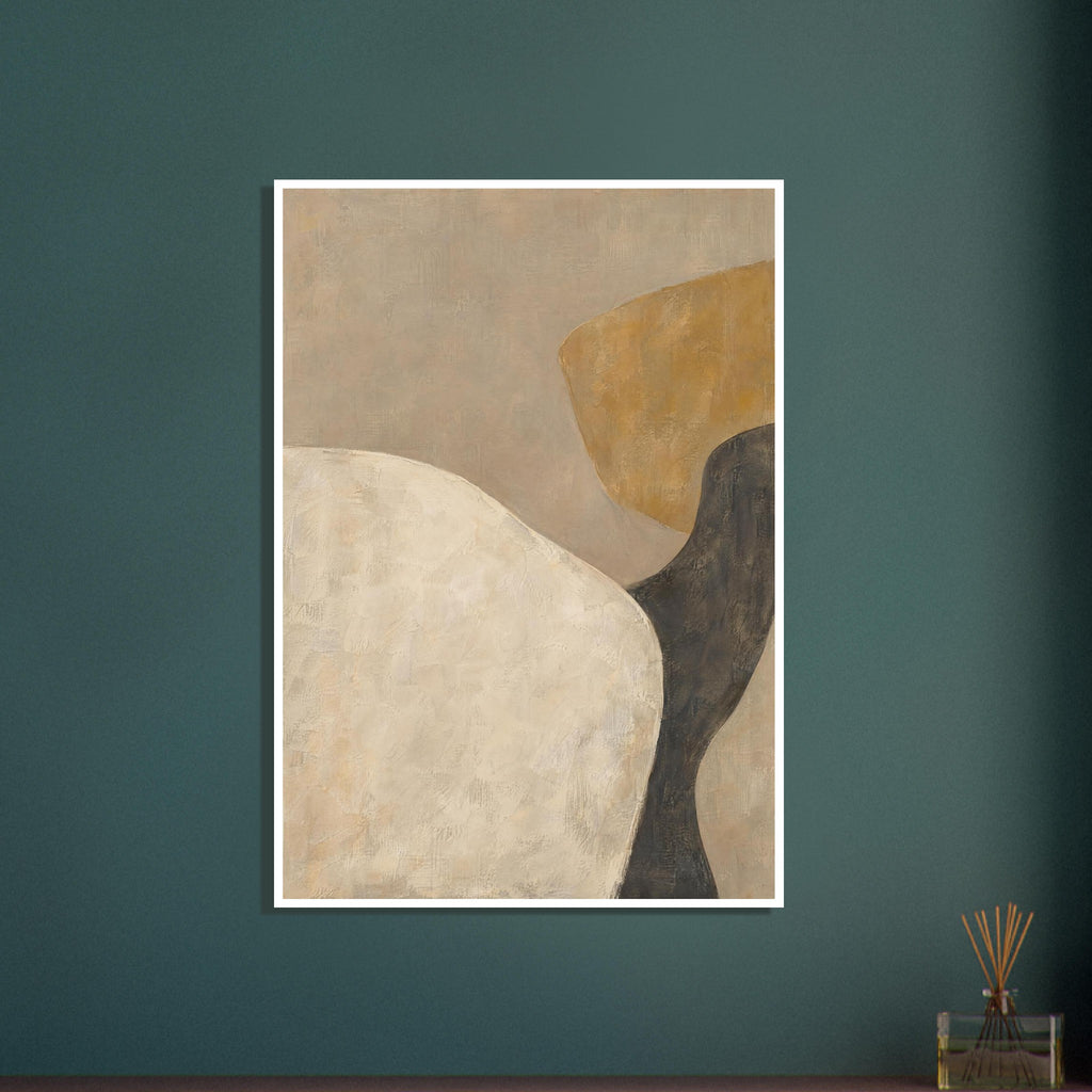 Abstract cream and ochre shapes with a curved charcoal band on a beige background, all with visible painterly texture.