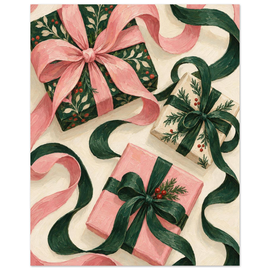 The Ribbon Dance shows three wrapped Christmas presents with oversized curling ribbons in forest green, shell pink and ivory.