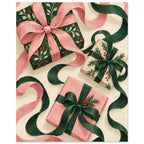 The Ribbon Dance shows three wrapped Christmas presents with oversized curling ribbons in forest green, shell pink and ivory.