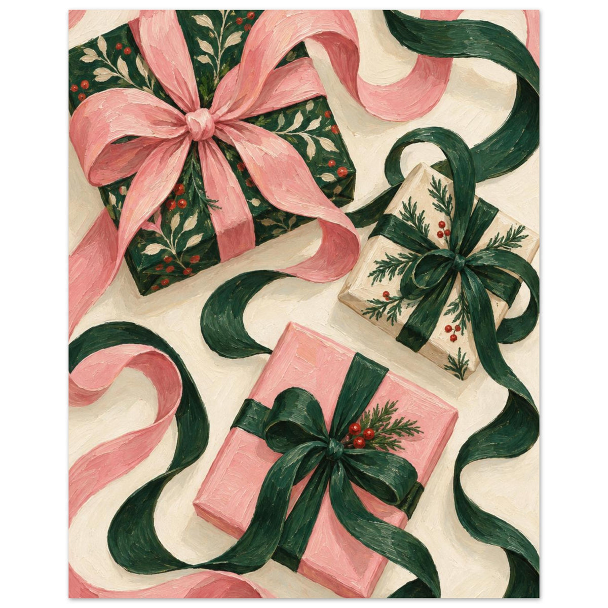 The Ribbon Dance shows three wrapped Christmas presents with oversized curling ribbons in forest green, shell pink and ivory.