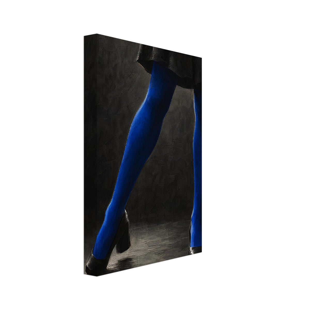 Cobalt Stockings, cropped legs in blue tights and black shoes forming an angular pose against a charcoal studio background.