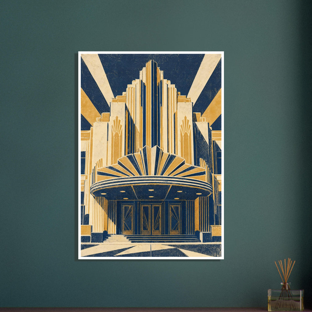 Art Deco theatre façade in navy, golden yellow and cream, with stepped towers, a fan-shaped canopy and distressed texture.