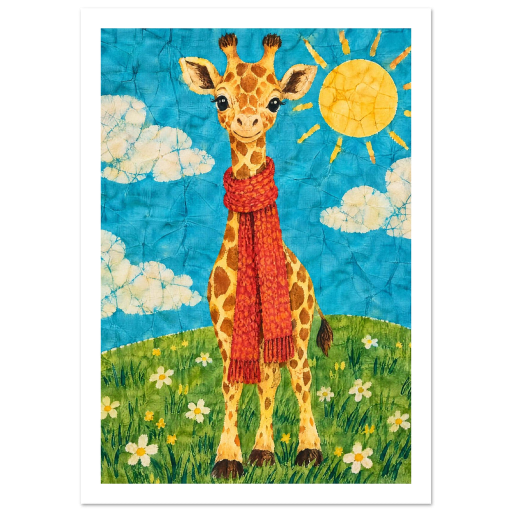 Vänlig gul giraff med lång halsduk på en grön kulle under turkos himmel.