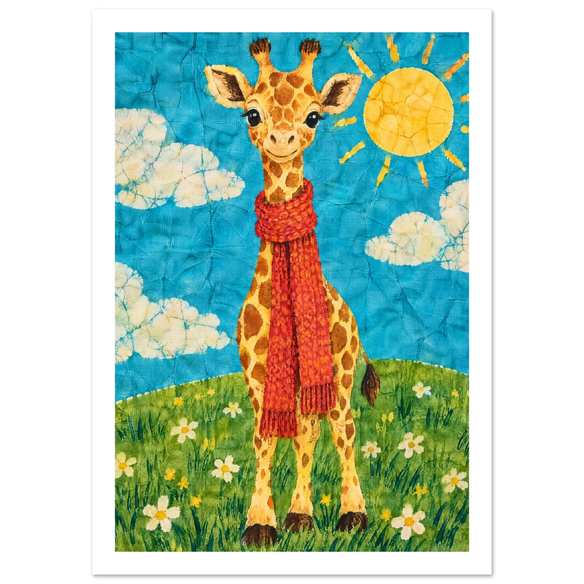 Vänlig gul giraff med lång halsduk på en grön kulle under turkos himmel.