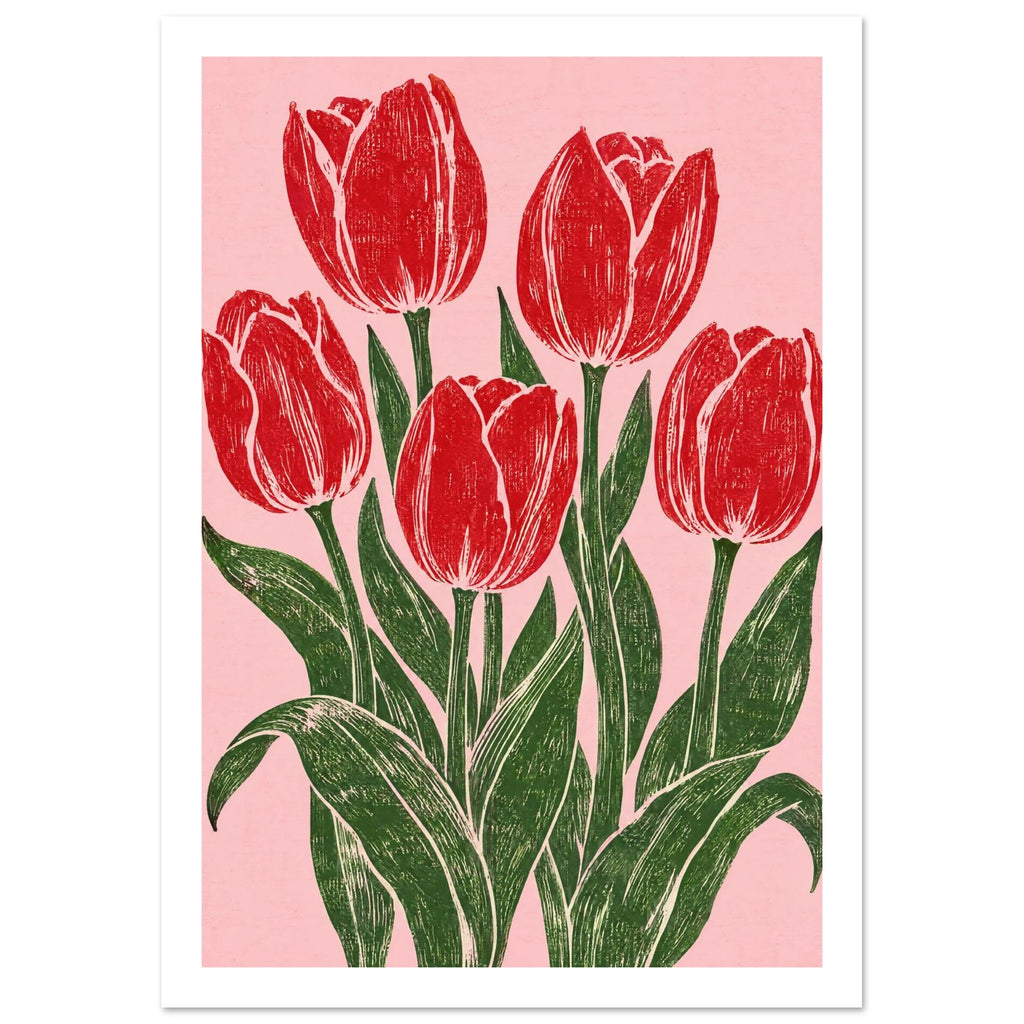 Five red tulips with dark green stems and sweeping leaves on a pink background, illustrated with textured carved lines.