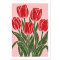 Five red tulips with dark green stems and sweeping leaves on a pink background, illustrated with textured carved lines.