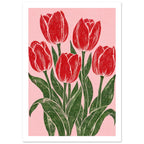 Five red tulips with dark green stems and sweeping leaves on a pink background, illustrated with textured carved lines.