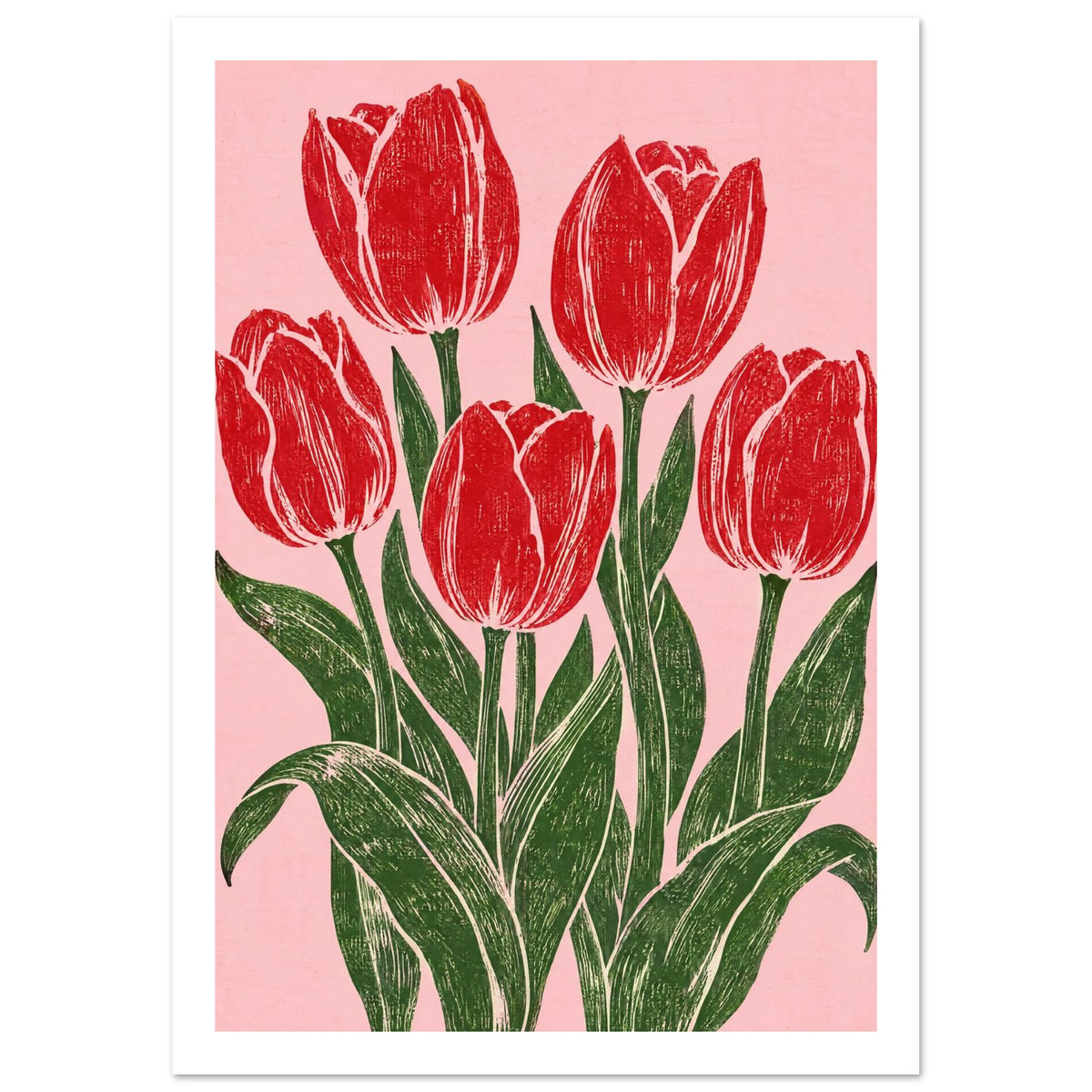 Five red tulips with dark green stems and sweeping leaves on a pink background, illustrated with textured carved lines.