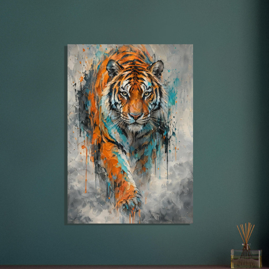 Tiger stepping forward with orange fur and black stripes, surrounded by turquoise paint splashes and drips on grey.