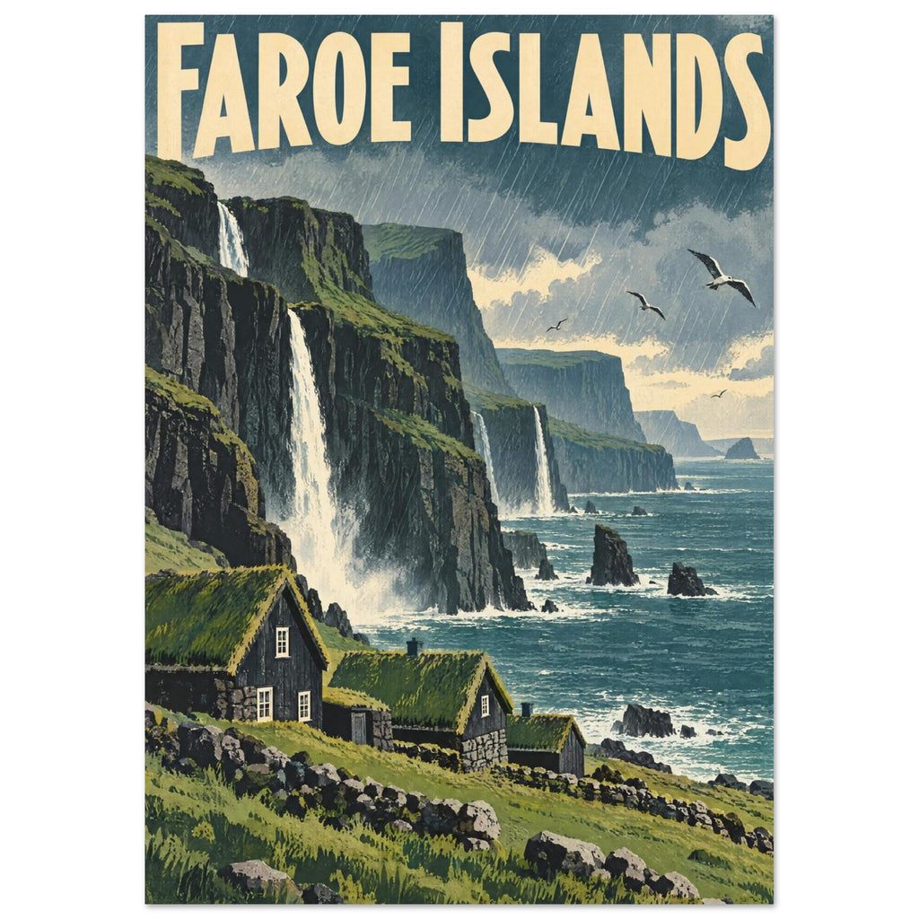 Faroe Islands lettering above rainy cliffs, waterfalls, teal sea and grass-roofed cottages on a green hillside.
