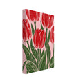 Five red tulips with dark green stems and sweeping leaves on a pink background, illustrated with textured carved lines.