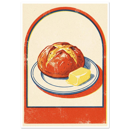 Round loaf and yellow butter on a blue-rimmed plate, with an orange-red arch border and textured cream background.