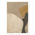 Abstract cream and ochre shapes with a curved charcoal band on a beige background, all with visible painterly texture.