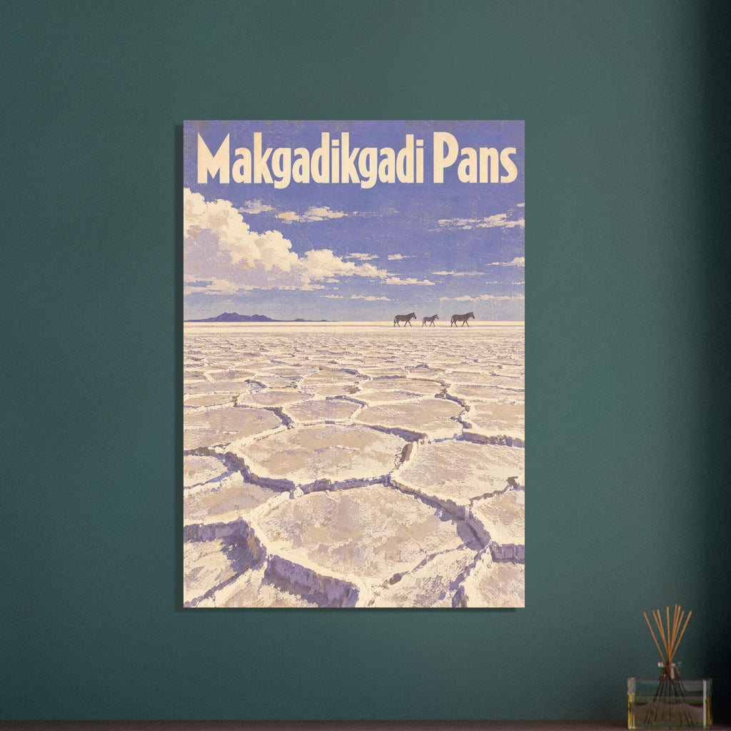Makgadikgadi Pans poster with cracked salt flats, three zebras, a blue-purple sky and large cream lettering.