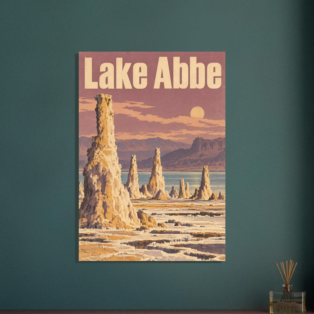Lake Abbe poster with cream lettering, golden rock spires, a blue lake and distant mountains beneath a dusty rose sky.