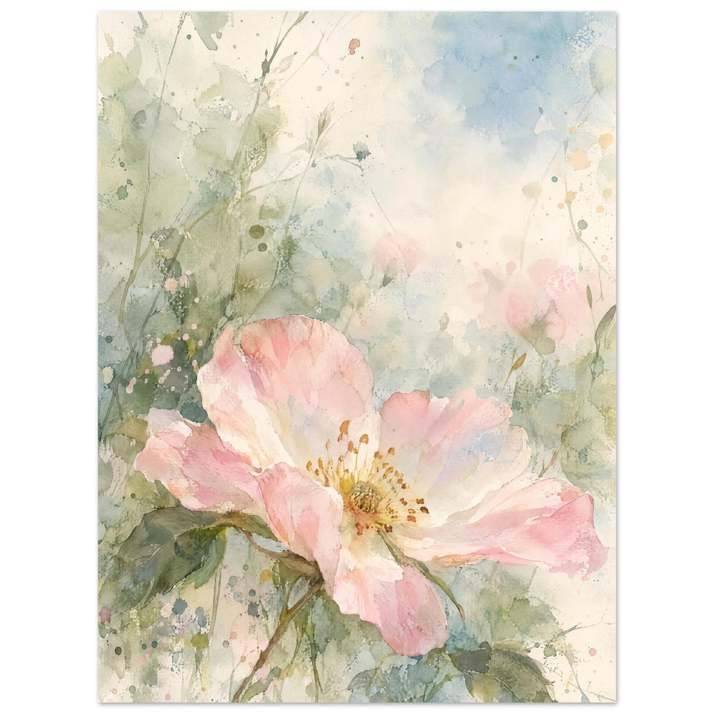 Open pink wild rose with a golden centre and green leaves against loose pale blue, sage and cream watercolour washes.