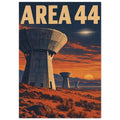 Three dish-shaped towers in an orange desert at sunset beneath a navy sky, with large golden Area 44 lettering.