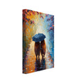 Two capybaras beneath a blue umbrella on a reflective wet path, framed by red and orange leaves in a painterly scene.