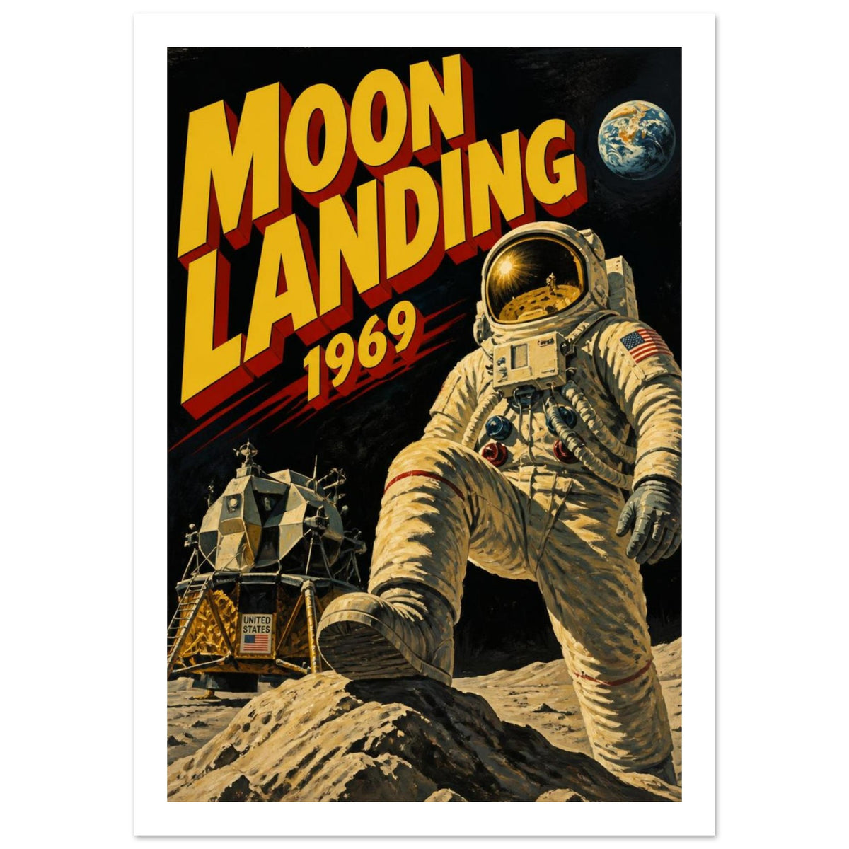 Moon Landing 1969 Retro Poster – White Border