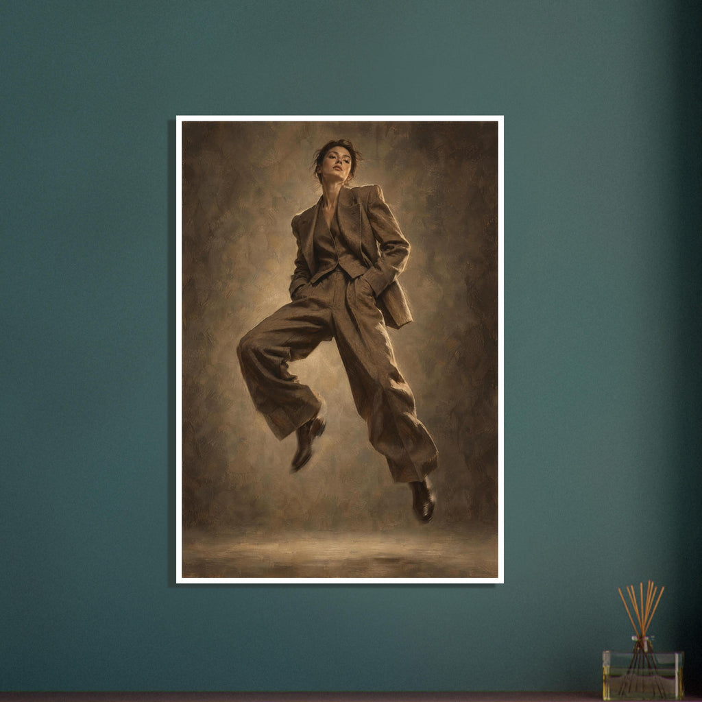 Suit in Suspension, a full-length model caught mid-jump in an oversized brown trouser suit against a sand-toned studio backgr