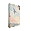 Three swallows flying across a pastel watercolour sky above distant hills, sunlit water and loose green foliage.
