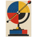 Geometric circular dial in blue, yellow, red and black with a diagonal pointer and block base on textured cream.