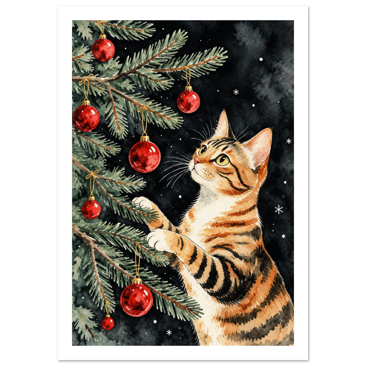 Striped orange cat reaching into evergreen branches with red Christmas baubles against a dark background with snowflakes.