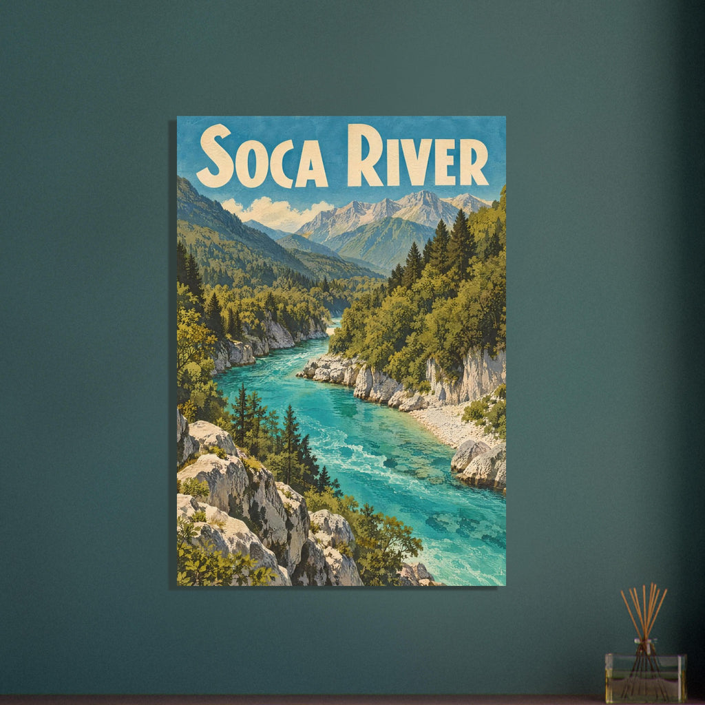 Soca River winding through pale rocks and green forest beneath mountain peaks, with large cream lettering overhead.