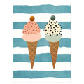 Two Ice Cream Cones on Blue Stripes – illustration wall art print by Printavelle – close-up