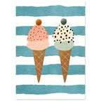 Two Ice Cream Cones on Blue Stripes – illustration wall art print by Printavelle – close-up