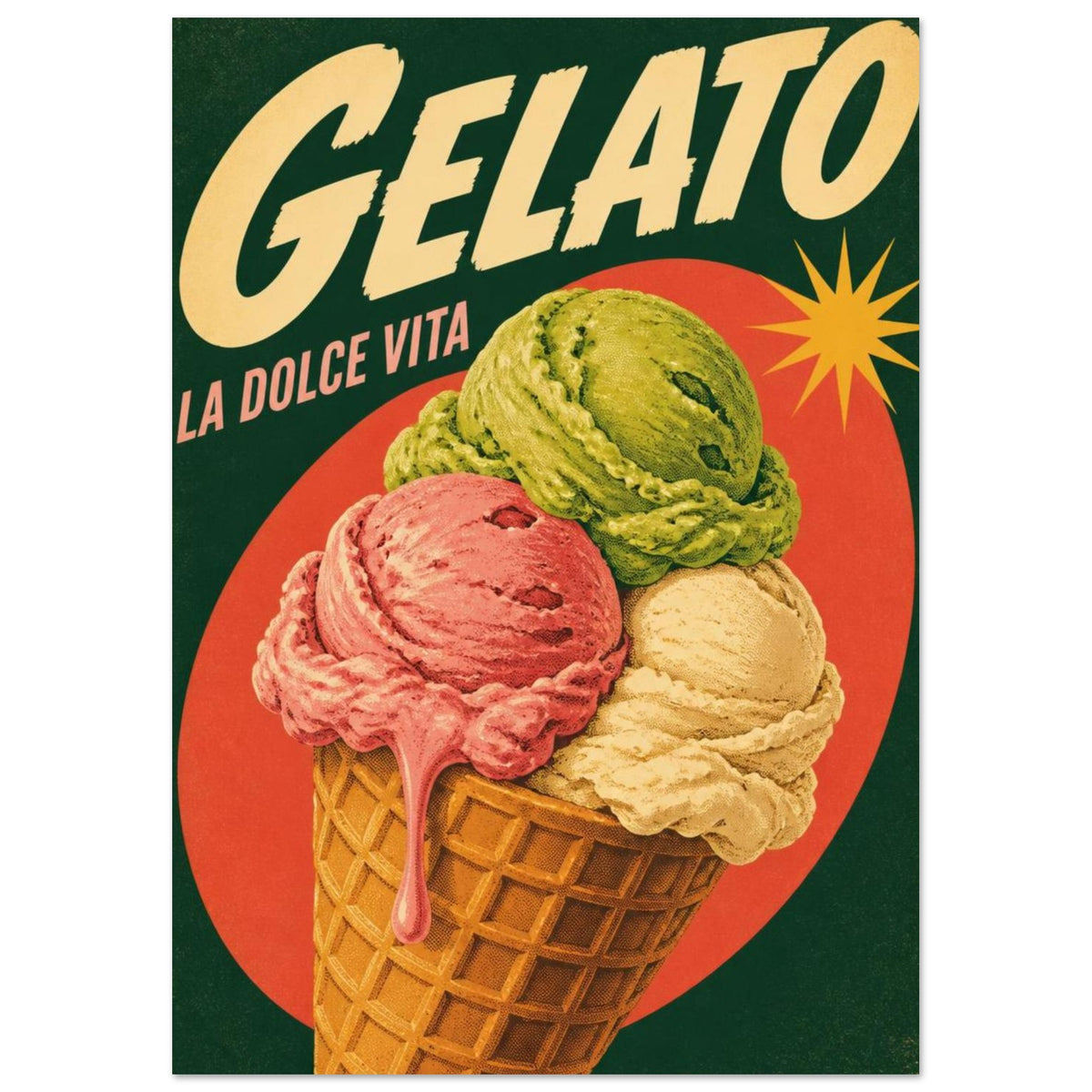 Gelato cone with green, pink and cream scoops on a dark green and red background, with bold lettering and a starburst.