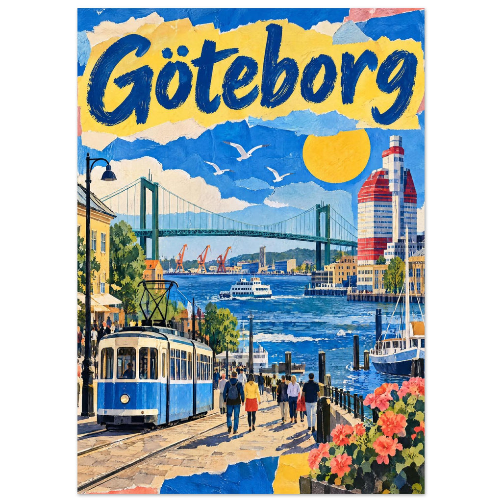 Göteborg lettering above a waterfront scene with a blue tram, suspension bridge, boats, pedestrians and flowers.