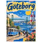 Göteborg lettering above a waterfront scene with a blue tram, suspension bridge, boats, pedestrians and flowers.
