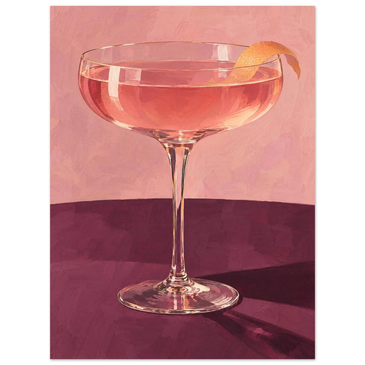 Coupe glass holding a pink cocktail with orange peel on a burgundy table against a textured pink background.