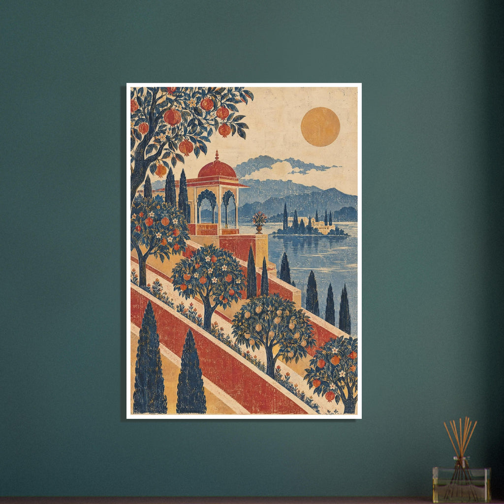Terraced fruit gardens and a red-domed pavilion beside blue water, with cypress trees, distant mountains and a golden sun.