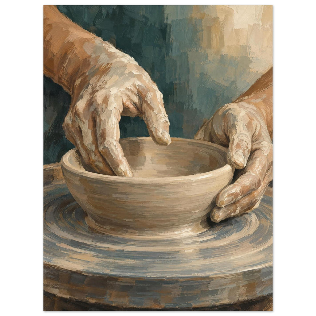 Hands at the Wheel painting of two clay-covered hands shaping a low bowl on a circular pottery wheel against muted teal.
