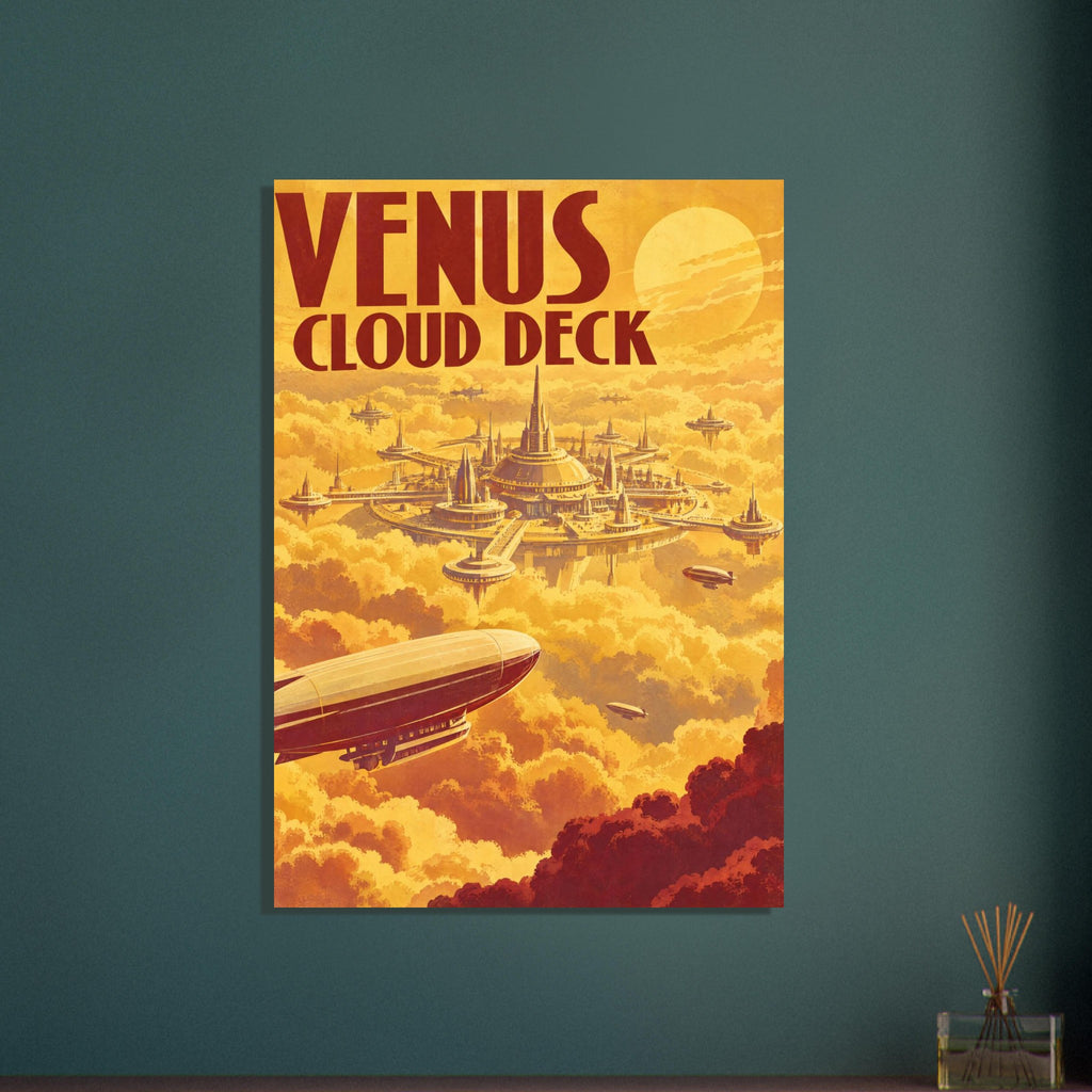 Floating city and airships above golden clouds beneath a pale sun, with bold red ‘Venus Cloud Deck’ lettering.