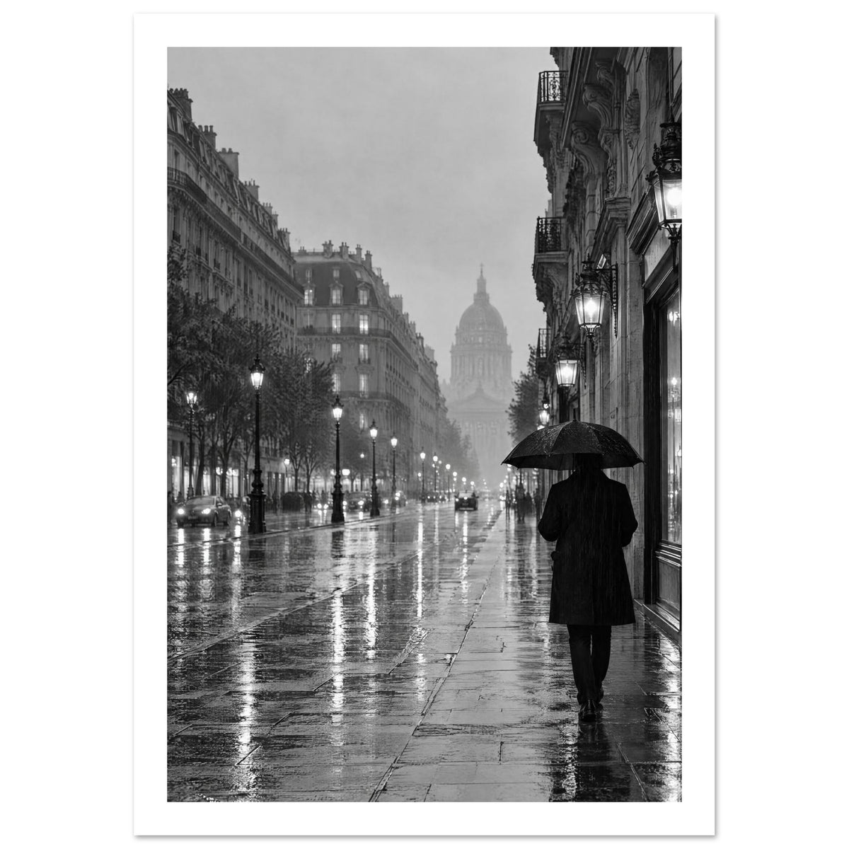 Umbrella-carrying figure on a rainy boulevard with ornate buildings, glowing lamps and wet street reflections in black and wh